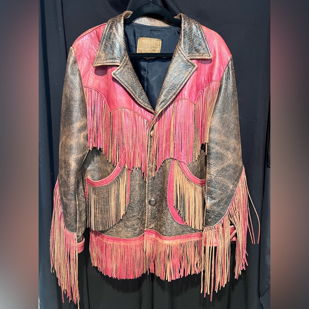 Double D Ranch Red and Black Leather Fringe Jacket-Vintage